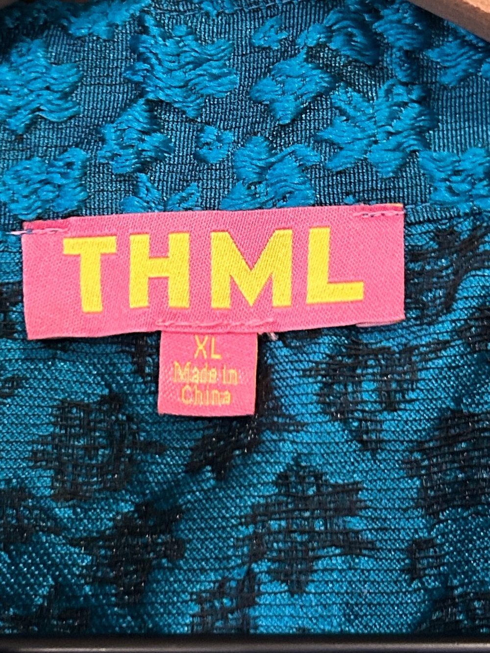 THML Teal Textured Jacquard Puff Sleeve V-Neck Top Women’s Size XL - Picture 4 of 11